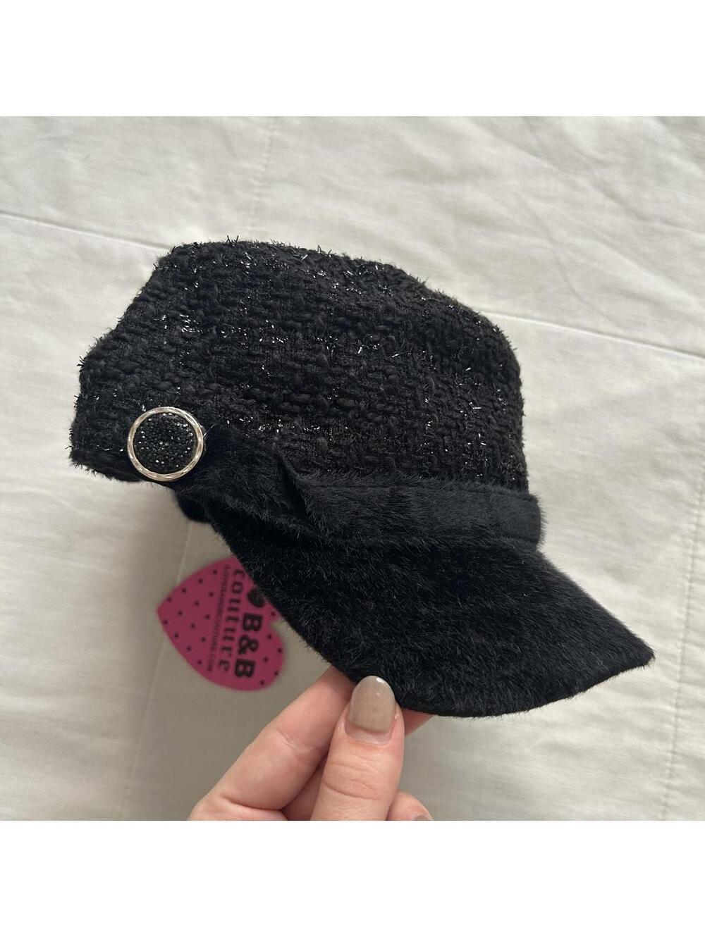 B&B Couture Black Cadet Cap Metallic Tweed Fuzzy Brim Jeweled NWT